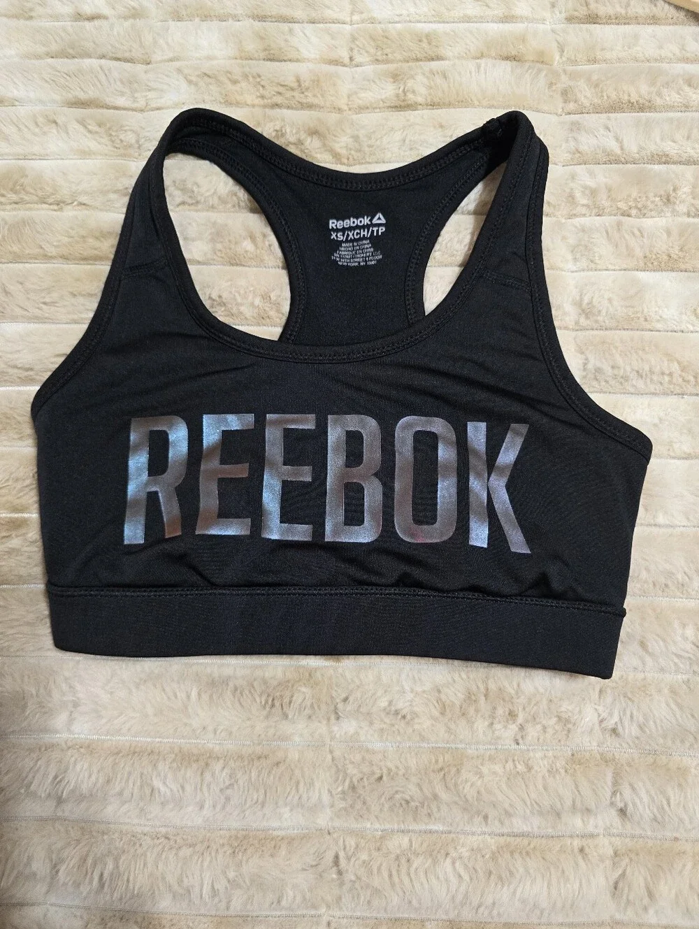 2 Reebok Women's Black Sports Bra 1 with Iridescent Logo 1 Plain